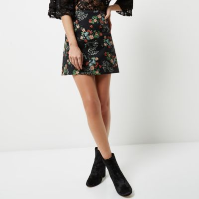 Black floral print a-line mini skirt