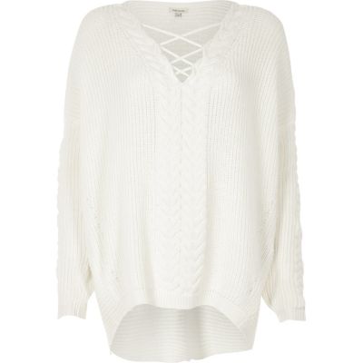 Cream cable knit laceup front jumper jumpers knitwear women