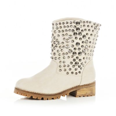 girls cream studded biker boots