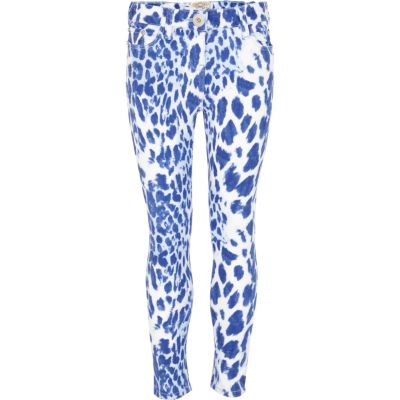Girls blue leopard print skinny jeans