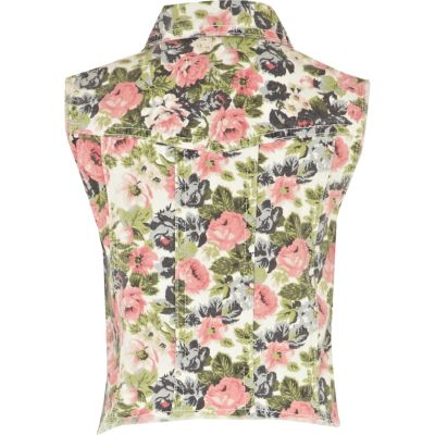 Girls cream rose print denim gilet
