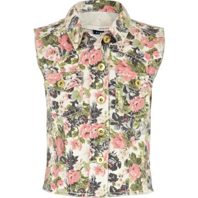 Girls cream rose print denim gilet