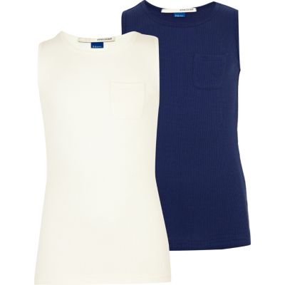 Girls navy and white 2 pack of vests