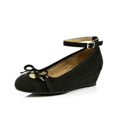 Girls black ankle strap wedges