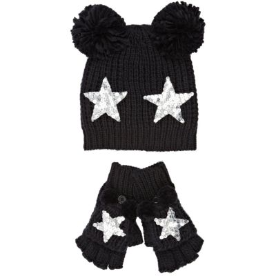 Girls black pom pom beanie and mitten set