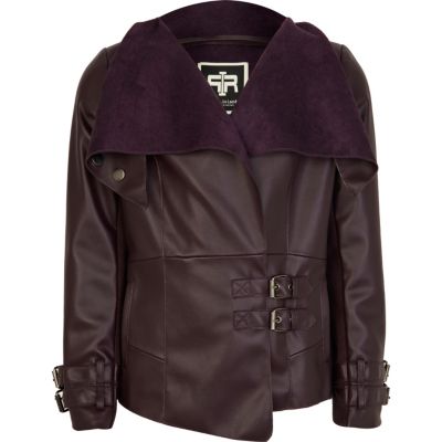 Girls purple leather look waterfall jacket