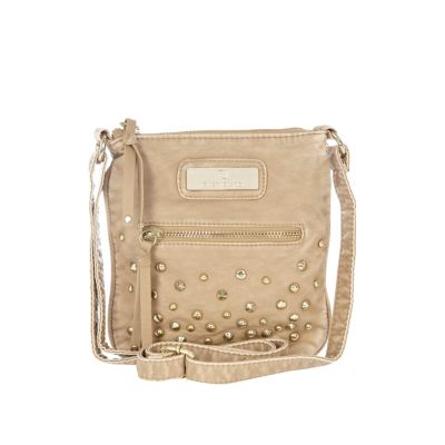 Girls beige studded messenger bag