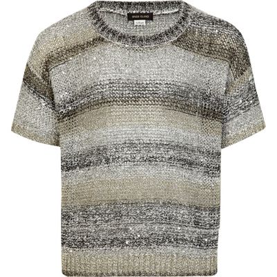 Girls grey sequin stripe short sleeved jumper