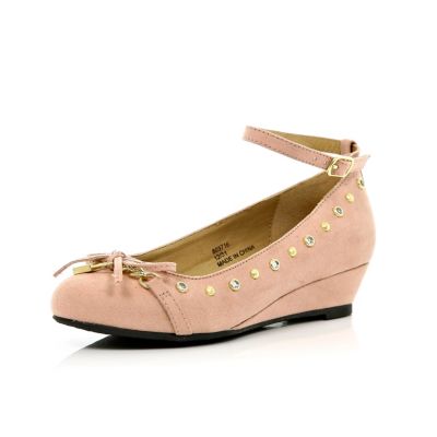Girls pink studded ankle strap wedges