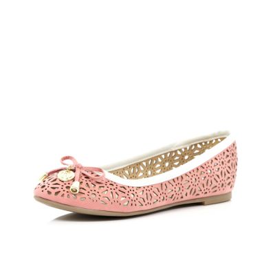 Girls coral metallic laser cut ballet pumps