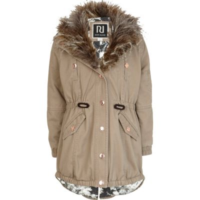 Girls beige fur trim parka jacket