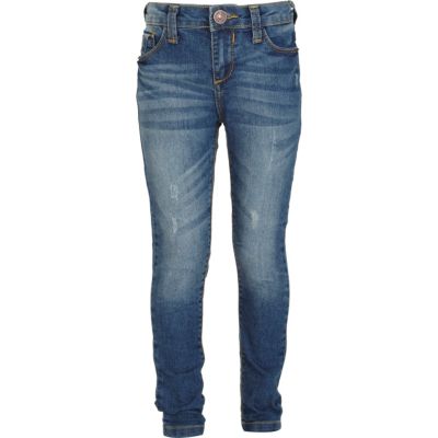 Girls blue mid wash skinny jeans