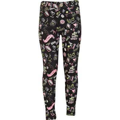 Girls black graffiti print jeggings