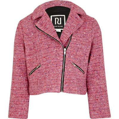 Girls pink tweed biker jacket