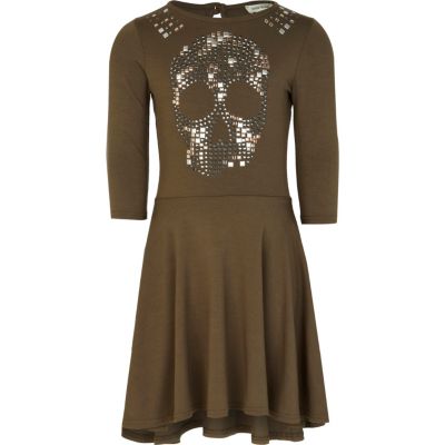 Girls khaki studded skull dress