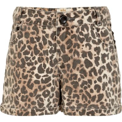 Girls brown studded animal print shorts