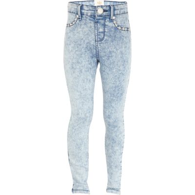 Girls blue acid wash studded jeggings