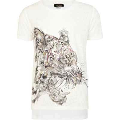 Girls white embellished tiger t-shirt