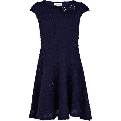 Girls navy textured skater dress