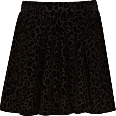 Girls black animal print skater skirt