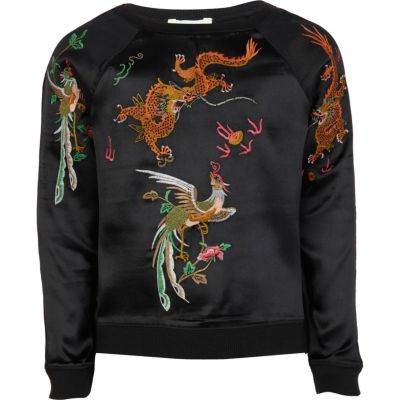 Girls black embroidered dragon sweat top
