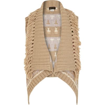 Girls beige aztec sleeveless cardigan