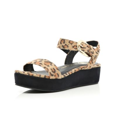 Girls brown leopard print flatform sandals