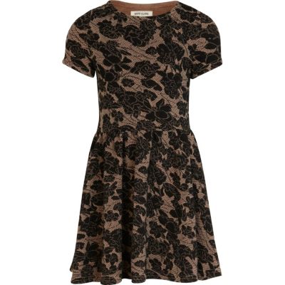 Girls black floral textured skater dress