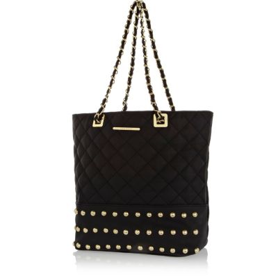 Girls black quilted shopper bag