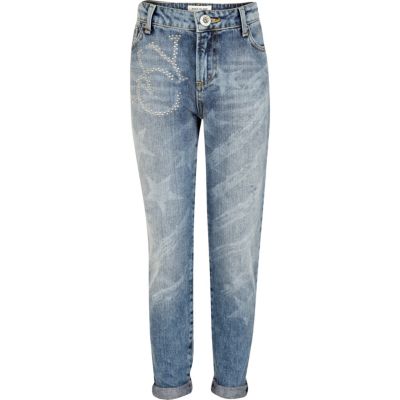Girls light wash NYC stud boyfriend jeans