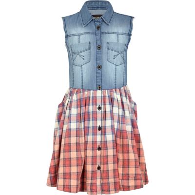 Girls red denim and check shirt dress