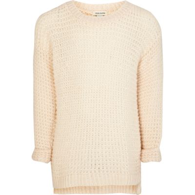 Girls cream grid stitch jumper