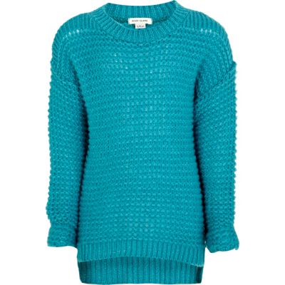 Girls green grid stitch jumper