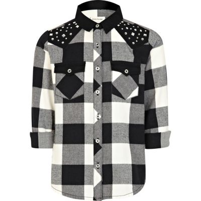 Girls black studded check shirt