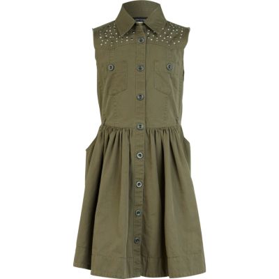Girls khaki military shirt dress