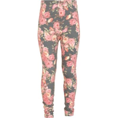 Girls pink floral denim look leggings