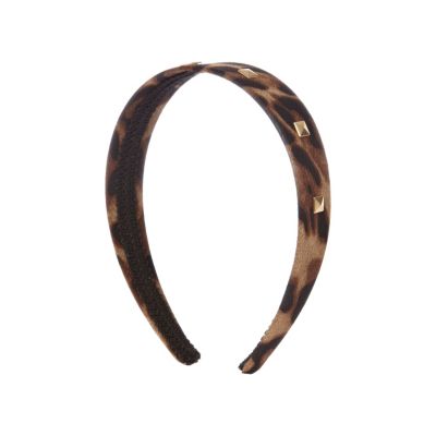 Girls brown leopard print studded alice band