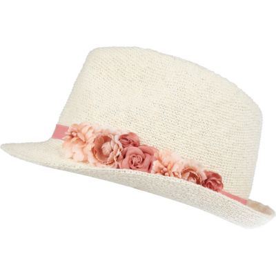 Girls white flower trim trilby hat