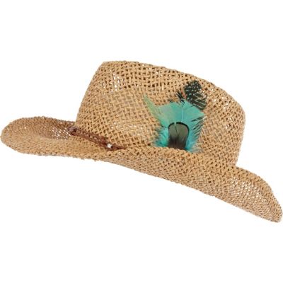 Girls brown feather trim straw hat 