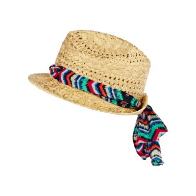 Girls beige scarf trim straw trilby
