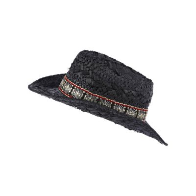 Girls black aztec trim straw hat