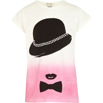 Girls cream dip dye bowler hat print t-shirt