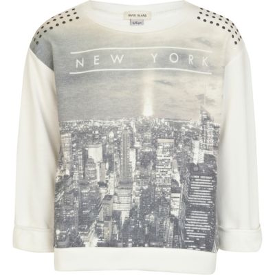 Girls cream New York studded sweat top