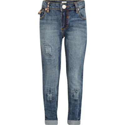 Girls mid wash distressed boyfriend jeans