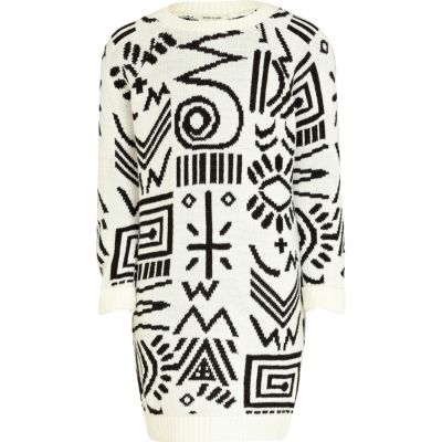 Girls cream tribal print knitted dress