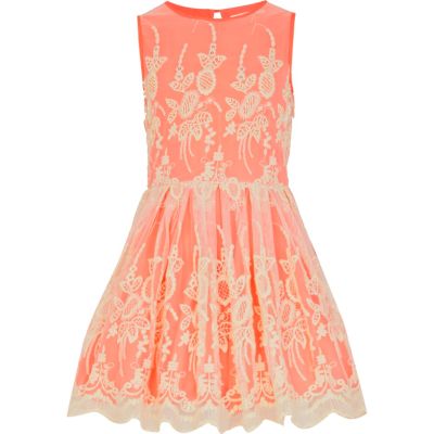 Girls neon orange lace prom dress
