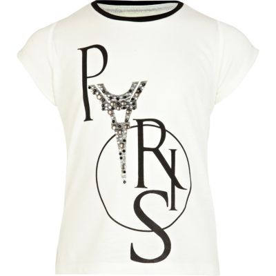 Girls cream Paris print diamante t-shirt