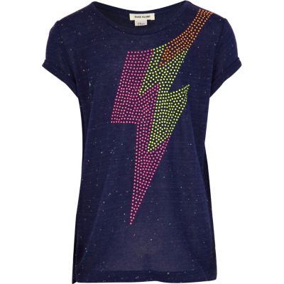 Girls navy neon lightening strike t-shirt