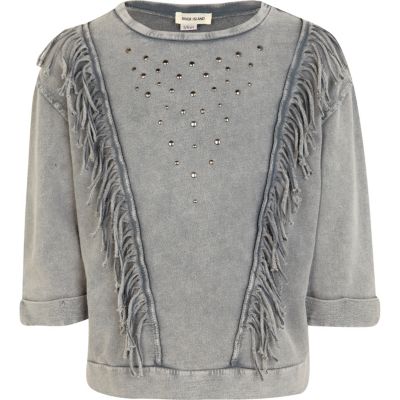 Girls blue fringe studded sweat top