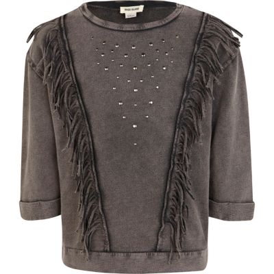 Girls grey fringe studded sweat top